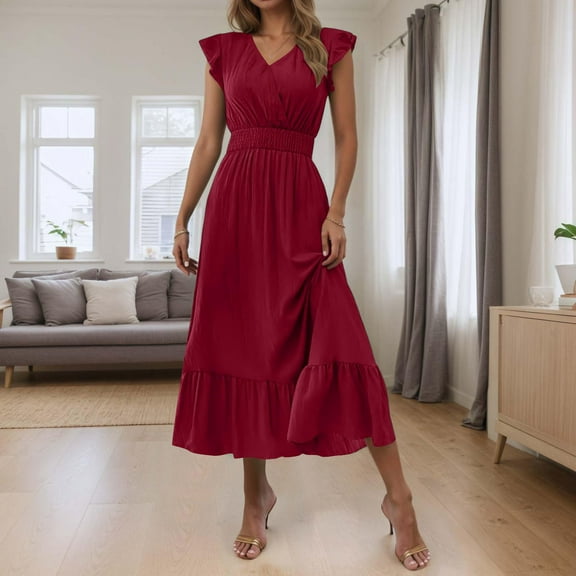 Summer Boho Dresses For Women 2026 Bohemian Solid V-Neck Long Beach Sunes Sleeveless Solid Maxi Tank Dress Summer Fashion Outfits — Red∣2XL