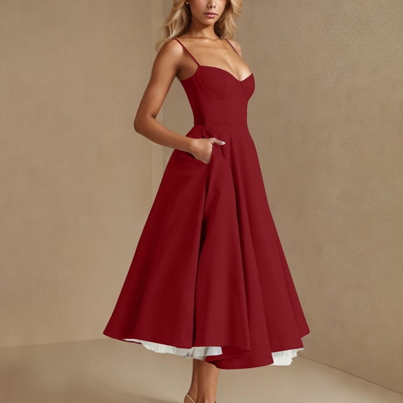 Summer Boho Dresses For Women 2026 Casual Sleeveless Solid Camis Long Tank Dress Summer Fashion Outfits — Red∣S