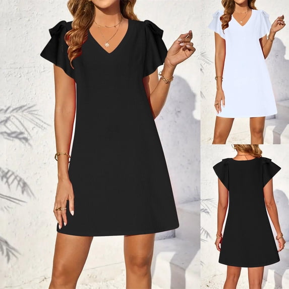 Summer Boho Dresses For Women 2026 Casual V-Neck Short Sleeve Solid Tank Dress Fashion Outfits - Black∣XL (Available in Plus Size)