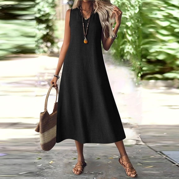 Summer Boho Dresses For Women 2026 Casual V-Neck Sleeveless Solid Long Black Tank Dress Summer Fashion Outfits S-2XL
