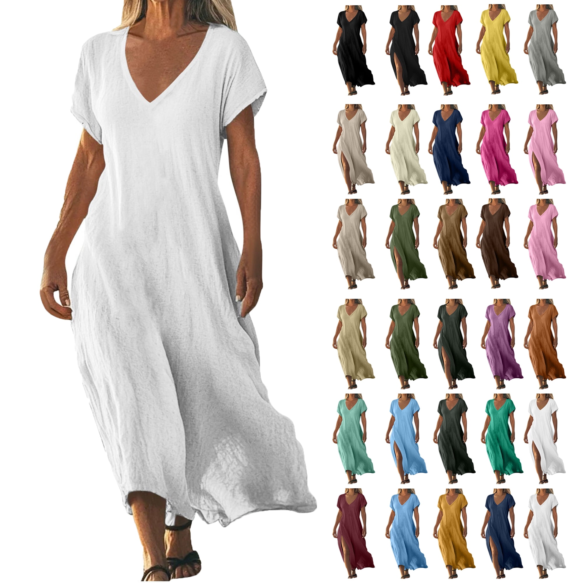 Summer Boho Dresses For Women 2026 Short Sleeved Solid Color Linen V ...