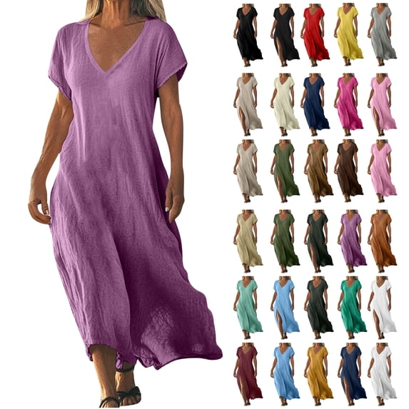 Summer Boho Dresses For Women 2026 Short Sleeved Solid Color V-neck Linen Summer Fashion Clothings