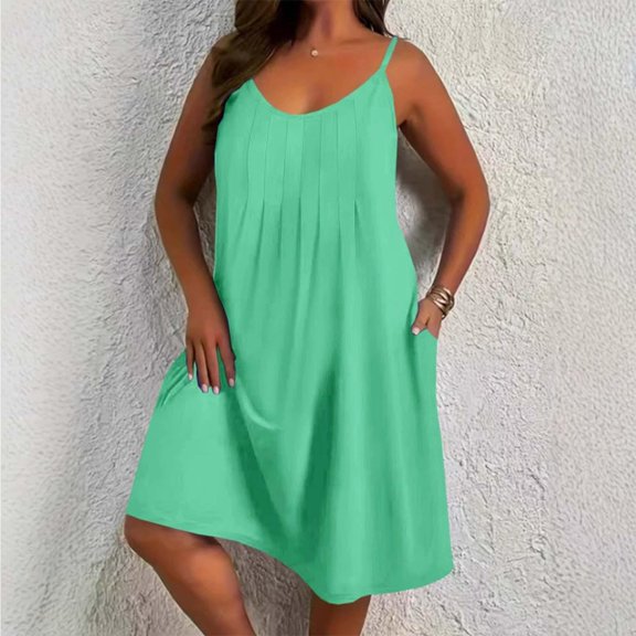 Summer Boho Dresses For Women 2026 Sleeveless Large Round Neck With Strap Solid Color Tank Dress Summer Fashion Outfits — Green∣4XL