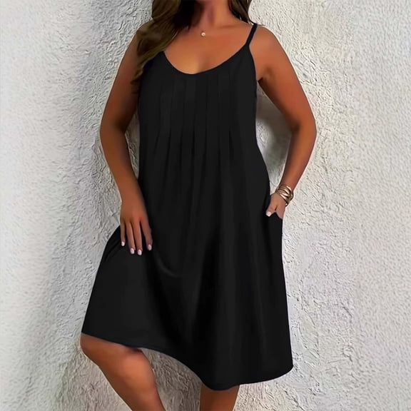 Summer Boho Dresses For Women 2026 Solid Color Large Crew Neck With Strap Sleeveless Tank Dress Summer Fashion Outfits — Black∣4XL