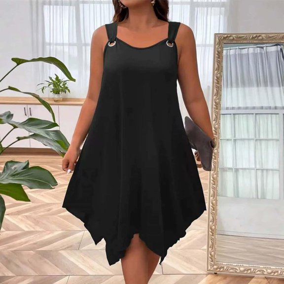 Summer Boho Dresses For Women 2026 Solid Color Large Round Neck Sleeveless With Strap Black Tank Dress Summer Fashion Outfits XL-5XL