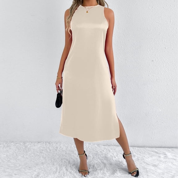 Summer Boho Dresses For Women 2026 Solid Color Round Neck Sleeveless Beige Tank Dress Summer Fashion Outfits S-2XL