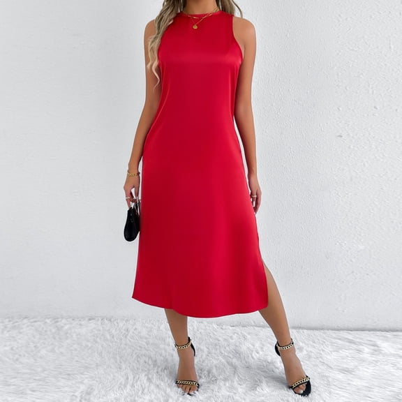 Summer Boho Dresses For Women 2026 Solid Color Round Neck Sleeveless Tank Dress Summer Fashion Outfits — Red∣2XL