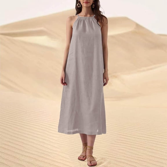 Summer Boho Dresses For Women 2026 Solid Color Sling Loose Linen Tank Dress Summer Fashion Outfits — Beige∣XL