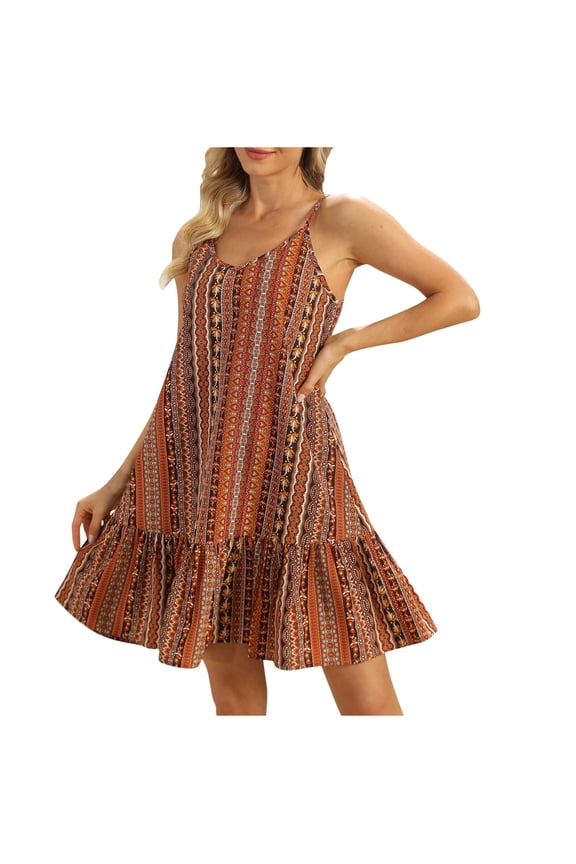 Summer Boho Dresses Womens 2025 Adjustable Straps Ruffle Hem Casual V Neck Swing A Line Mini Dress Beach Dress (XL, Brown)