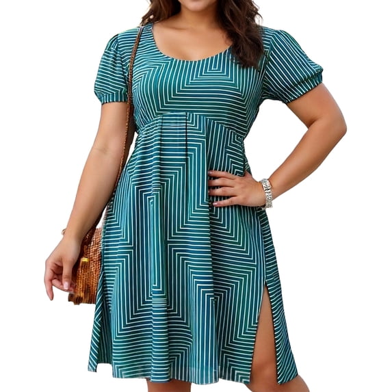 Summer Boho Dresses Womens Plus Size Retro Dress Short Sleeve High Waisted Babydoll Aline Dress Beach Holiday, Navy M