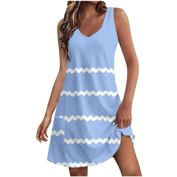 Summer Boho Dresses for Women 2024 Plus Size Comfort Pocket Printing Sleeveless V-Neck Dress