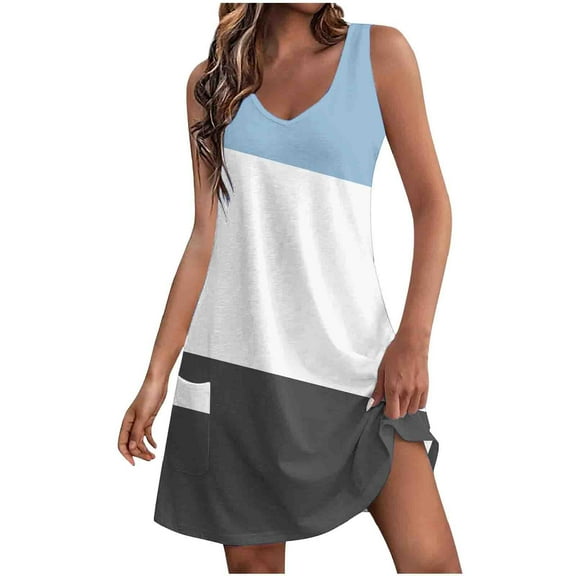 Summer Boho Dresses for Women 2024 Plus Size Comfort Pocket Printing Sleeveless V-Neck Dress
