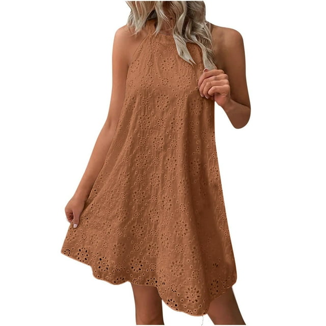 Summer Boho Dresses for Women 2024 Plus Size Embroidery Sleeveless Keyhole Back Neck Aline Dress Casua Solid Skirt