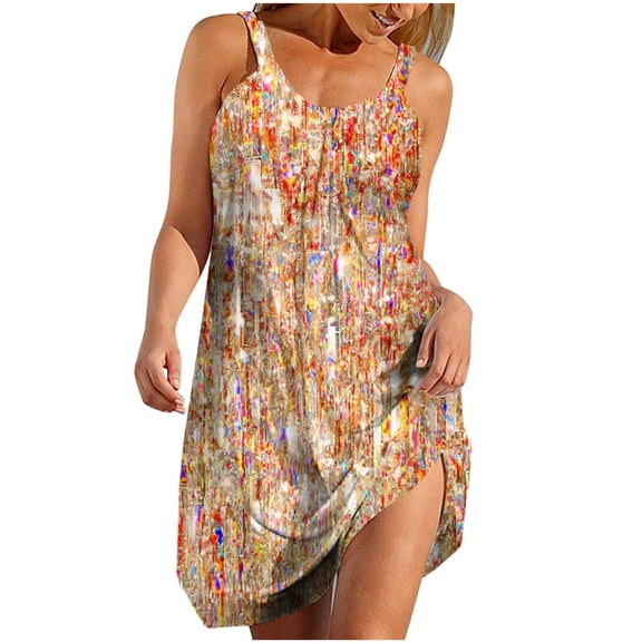 Summer Boho Dresses for Women 2024 Plus Size Printed Round Neck Pleated Vacation Style Dress