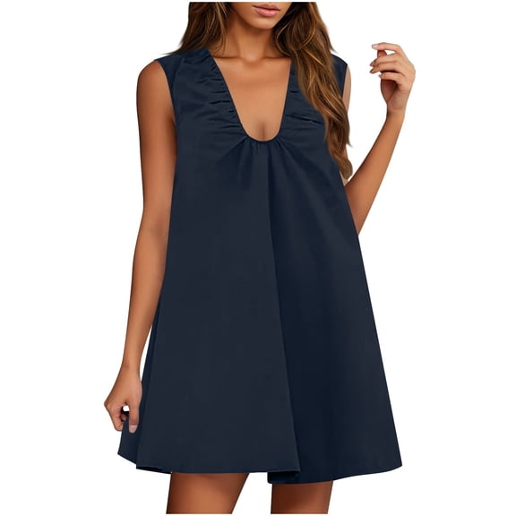 Summer Boho Dresses for Women New Women's Cute Mini Dress Sleeveless V Neck Ruched Tank Casual Summer Party Dress with Side Pockets Navy XL