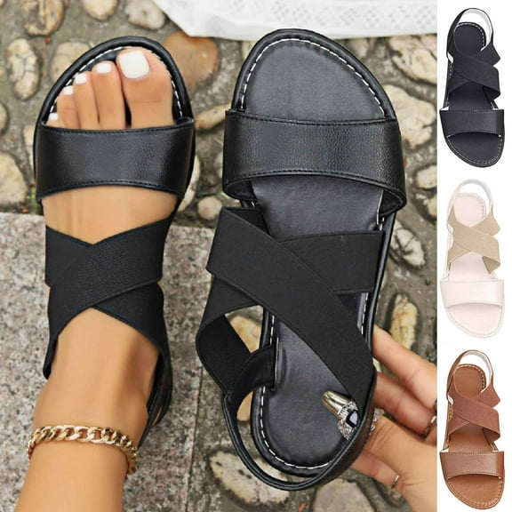 Summer Boho Sandals for Woman Flat Heel Open Toe Slip-on Elastic Strap Slipper Casual Summer Shoes Women Casual Breathable Thick-Soled Sandals Women Beach Shoes