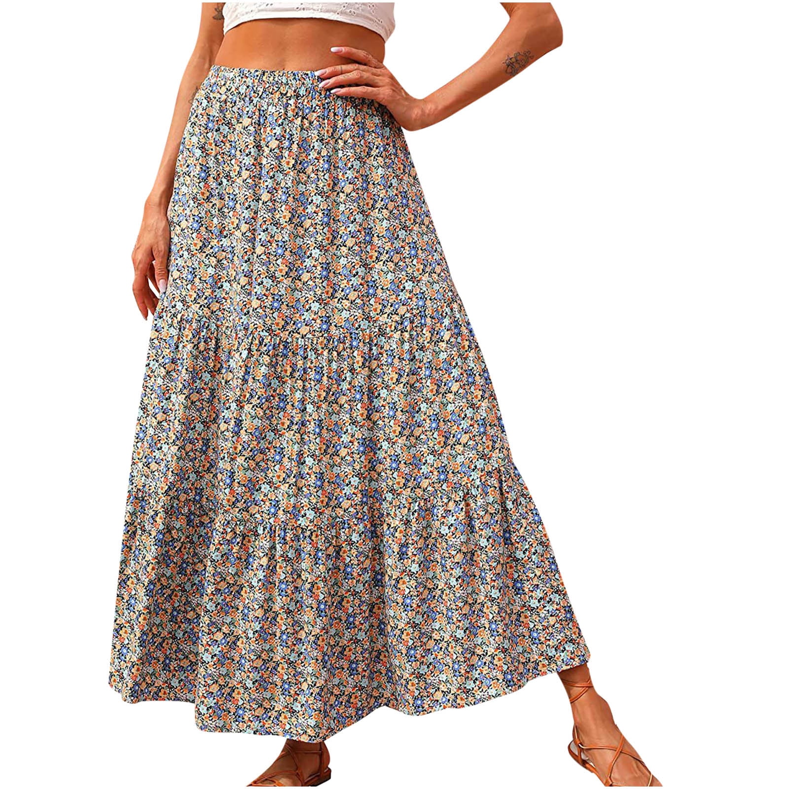 Summer Boho Skirts Women Elastic Waist Ruched Floral Print Pleated Maxi ...