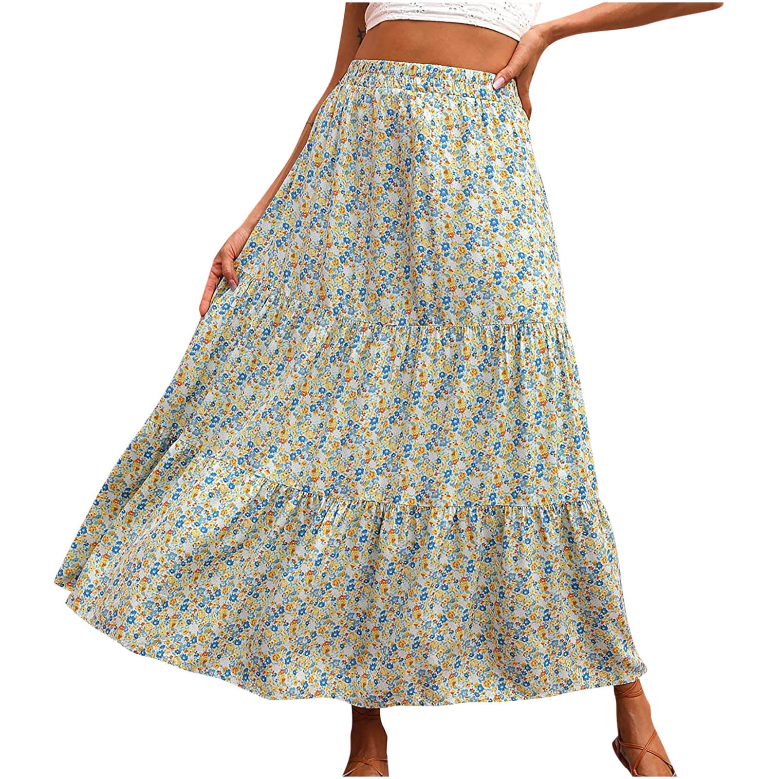 Summer Boho Skirts Women Elastic Waist Ruched Floral Print Pleated Maxi ...