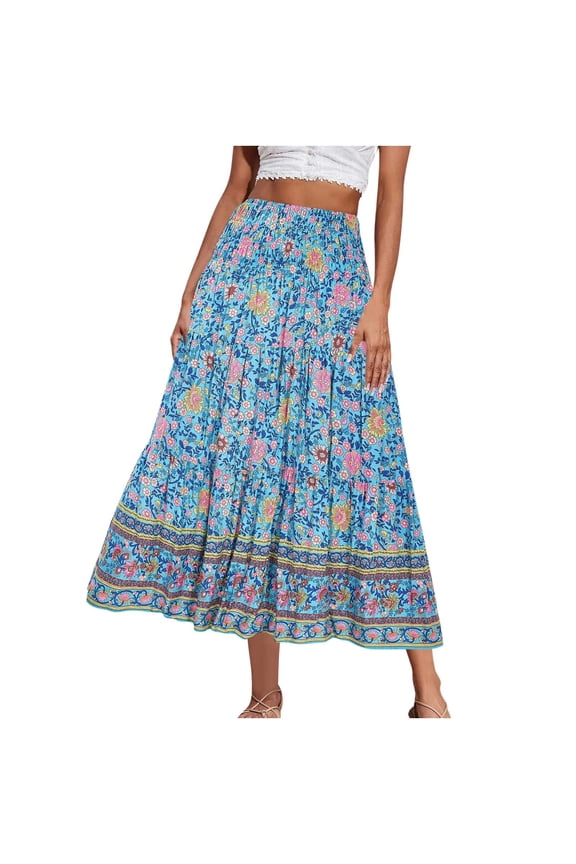 Summer Boho Skirts for Women Plus Size Elastic High Waisted Casual Daily Full Long Skirts Sundresses for Women Beach Fashion Blue M