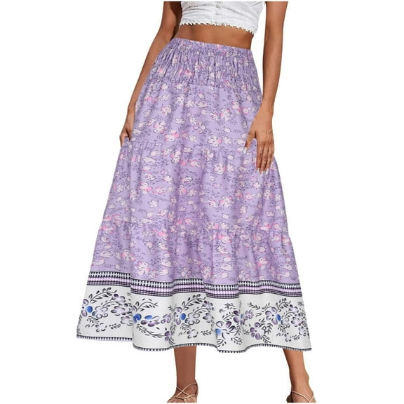Summer Boho Skirts for Women Plus Size Elastic High Waisted Casual Daily Full Long Skirts Sundresses for Women Beach Fashion Purple XXXL