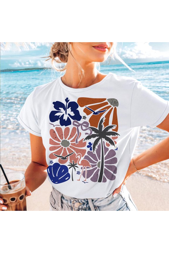 Summer Boho Style Shirt, Beach Vibes, Coquette Summer, Palm Leaves, Summer Floral Shirt, Trendy Popular Summer Tee