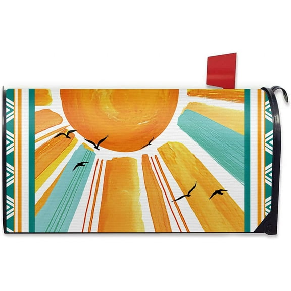 Summer Boho Sun Mailbox Cover Magnetic Standard Size 21" x 19", Sunshine Bohemian Decorative Post Letter Box Wrap Decor, Seagull Seasonal Garden Yard Outdoor Decoration