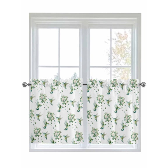Summer Botanical 2 Panel Kitchen Curtains for Small Windows, Green Spring Floral Birds Watercolor Bathroom Tier Curtain, Short Window Treatment for Bedroom/Living Room 55"x36"