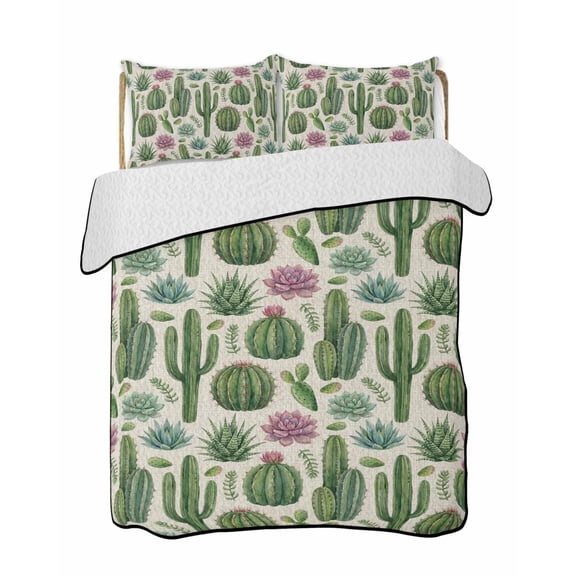 Summer Botanical 3 Piece Quilt Bedding Set with 2 Pillow Shams, Tropical Saguaro Opuntia Green Cactus Farmhouse Lightweight Bedspread Coverlet, Soft Breathable All Season Quilt, 68 x 86 Inch