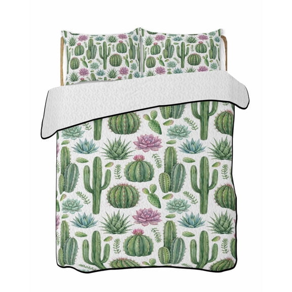 Summer Botanical 3 Piece Quilt Bedding Set with 2 Pillow Shams, Tropical Saguaro Opuntia Green Cactus Lightweight Bedspread Coverlet, Soft Breathable All Season Quilt, 68 x 86 Inch