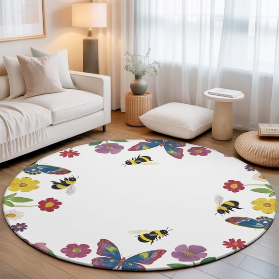 Summer Botanical 5' Round Rug for Dining Table for 4 People Under Table Placement, Floral Bees Butterfly Wildflowers Washable Non Slip Circle Area Rug