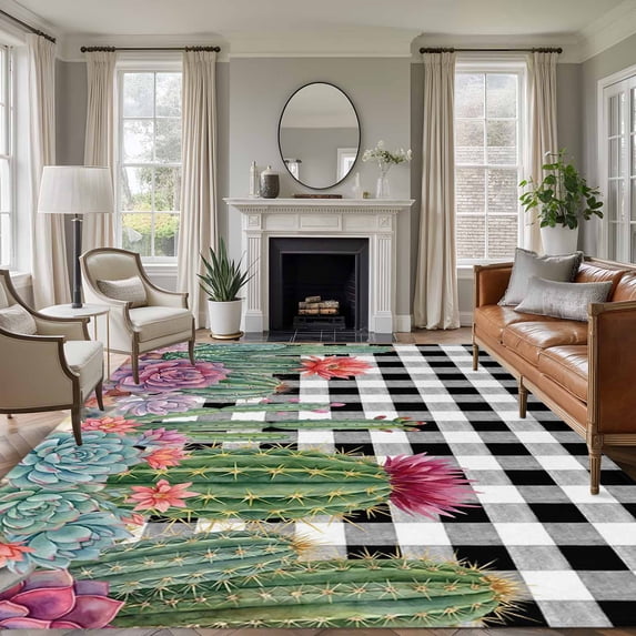 Summer Botanical 5x7 Area Rugs for Living Room, Tropical Saguaro Opuntia Green Cactus Black Plaid Non Slip Floor Mat Washable Low-Profile Indoor Carpet for Bedroom, Dining Room, Bathroom