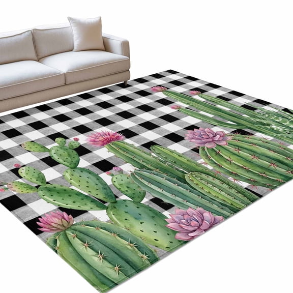 Summer Botanical 6x9ft Non Slip Area Rug Tropical Saguaro Opuntia Cactus Black Plaid Washable&nbsp;Soft Area Rugs for Living Room, Indoor&nbsp;Circle Carpet for Bedroom Dining Room Kitchen