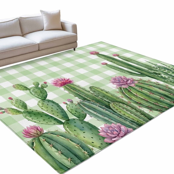 Summer Botanical 6x9ft Non Slip Area Rug Tropical Saguaro Opuntia Cactus Green Plaid Washable&nbsp;Soft Area Rugs for Living Room, Indoor&nbsp;Circle Carpet for Bedroom Dining Room Kitchen