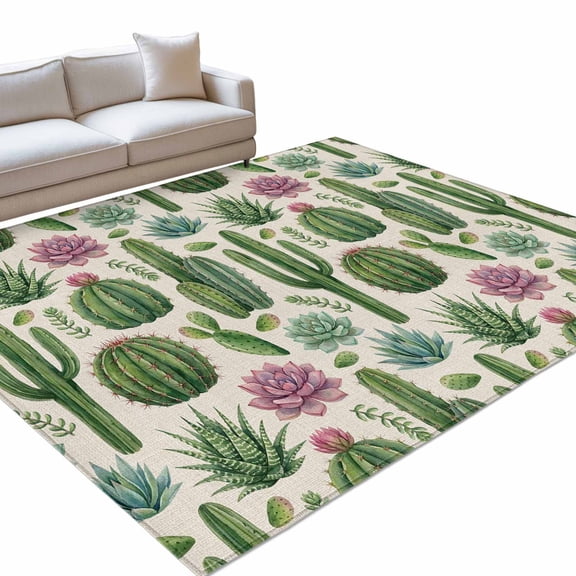 Summer Botanical 6x9ft Non Slip Area Rug Tropical Saguaro Opuntia Green Cactus Farmhouse Washable&nbsp;Soft Area Rugs for Living Room, Indoor&nbsp;Circle Carpet for Bedroom Dining Room Kitchen