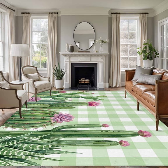 Summer Botanical 8'x10' Large Area Rug for Living Room Sectional Sofa, Tropical Saguaro Opuntia Cactus Green Plaid Non Slip Low Pile Rectangle Area Rug, Machine Washable Indoor Outdoor Mat