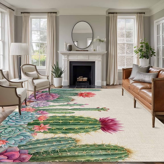 Summer Botanical 8'x10' Large Area Rug for Living Room Sectional Sofa, Tropical Saguaro Opuntia Cactus Linen Texture Non Slip Low Pile Rectangle Area Rug, Machine Washable Indoor Outdoor Mat