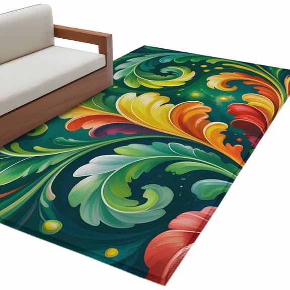 Summer Botanical Area Rug 4x6 Washable Rug Non Slip Vintage Abstract Leaves Firefly Plants Green Large Area Rug Indoor Floor Carpet for Entryway Bedroom Kitchen Living Room Office Dining Room Nursery