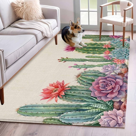 Summer Botanical Area Rugs 3x5 ft Tropical Saguaro Opuntia Cactus Linen Texture Washable Rug Non Slip Indoor Carpet Absorbent Floor Mat for Living Room Bedroom Dining Room