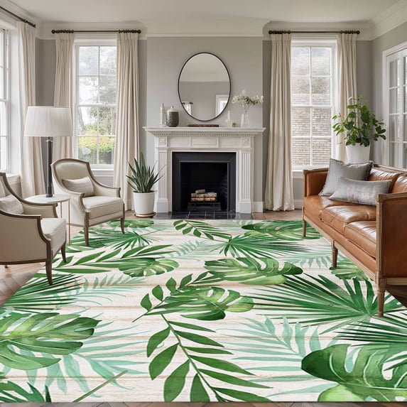 Summer Botanical Area Rugs 5'x8', Washable Small Throw Rugs for Classroom Bedroom, Green Monstera Palm Leaves Wood Beige Indoor Outdoor Rug Non-Slip Low Pile Carpet Runner Reversible Floor Mats