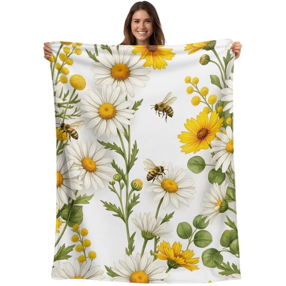 Summer Botanical Blanket Soft Cozy Warm Throw Blanket for Couch, Plush Fuzzy Flannel Blankets for Sofa, Daisy Greenery Pastoral Bee Bed Blankets Lightweight Gifts for Women, 30"x40"