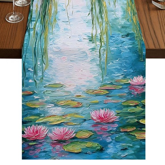 Summer Botanical Burlap Cotton Table Runner 13x36 Inches Short, Lotus Pond Weeping Willow Farmhouse Table Runners, Outdoor Dining Tablecloths Decor for Baby Shower/Party/Wedding