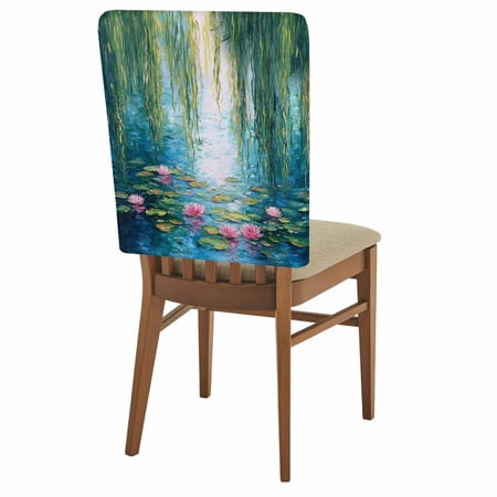 Summer Botanical Chair Back Covers Set of 4 Zen Art Water Lilies Pond Weeping Willow Removable Dining Chair Slipcovers Washable Seat Protector for Restaurant Party Banquet Kichen Decor