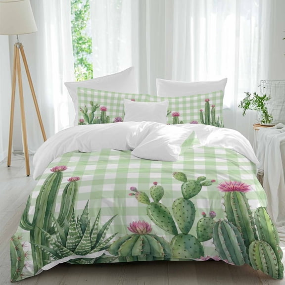 Summer Botanical Comforter Set Queen Size, Tropical Saguaro Opuntia Cactus Green Plaid Soft Bedding Set for Man Woman, 4 Pieces Duvet Cover Set with Fitted Sheet, 2 Pillowcases