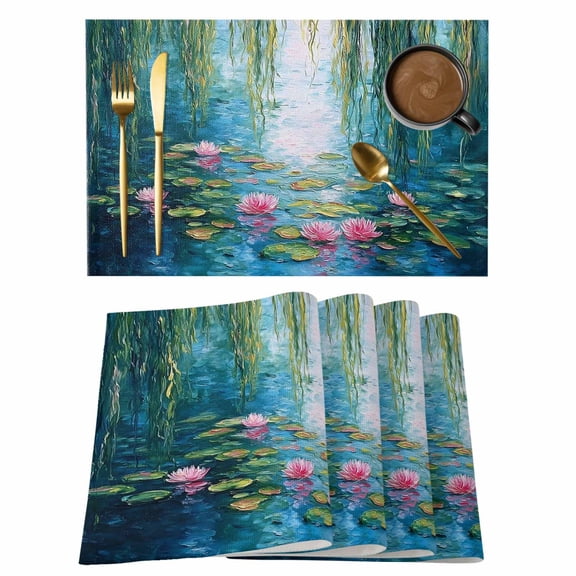 Summer Botanical Cotton Linen Placemats Set of 4, Zen Art Water Lilies Pond Weeping Willow Washable Table Place Mats Heat Insulating Placemat for Dining Room Kitchen Daily Use 13 x 19 Inch