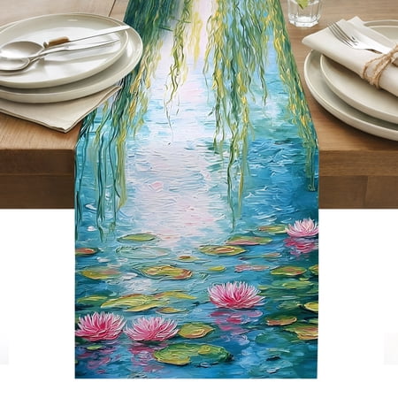 Summer Botanical Cotton Linen Table Runner Zen Art Water Lilies Pond Weeping Willow Dining Table Runners for Home Decor Party Dining Room Restaurant Kitchen Party 13" x 60"