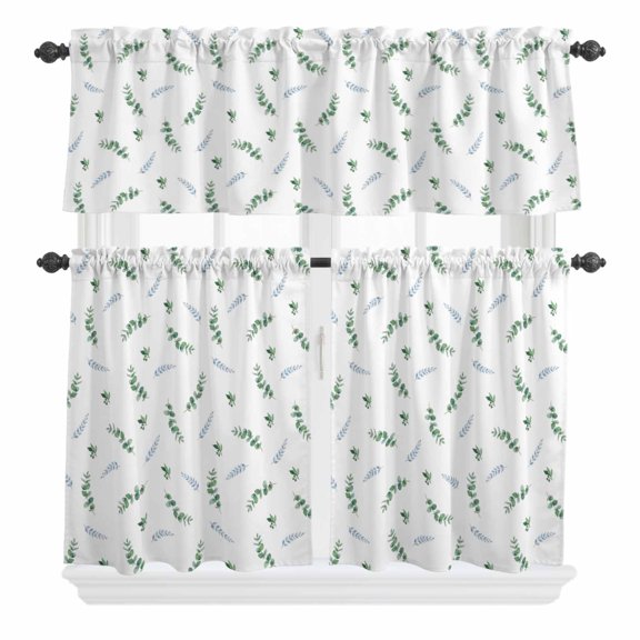 Summer Botanical Curtain Valances Set Watercolor Eucalyptus Leaves Rustic Farmhouse Kitchen Curtains 24 inch Length Rod Pocket Valance and Tiers 3 Piece Set Small Bedroom Bathroom Laundry Decor