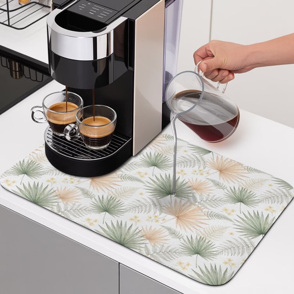 Summer Botanical Dish Drying Mats for Kitchen Counter, Green Brown Fan Palm Leaf Fern Frond Absorbent Coffee Bar Mat with Non-slip Rubber Backed Quick Drying Dish Rack Pad 12"x16"