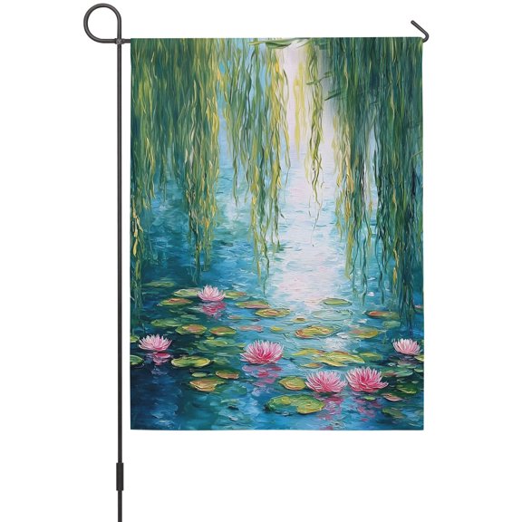 Summer Botanical House Flags For Outdoor, Zen Art Water Lilies Pond Weeping Willow Small Double Side Yard Flags Weather Proof House Decor for Lawn Outside Holiday 28 x 40 Inches