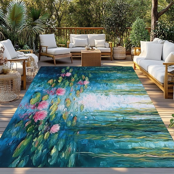 Summer Botanical Indoor Outdoor Rugs 3x5 Ft, Zen Art Water Lilies Pond Weeping Willow Outdoor Patio Rugs Mat Washable Outside Area Rugs Carpet for Porch Deck RV Camping Pool Balcony Backyard