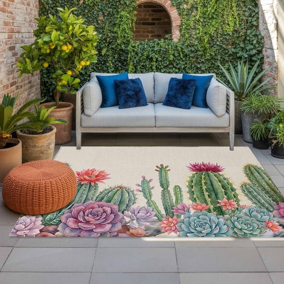 Summer Botanical Indoor Outdoor Rugs 4x6 Ft, Tropical Saguaro Opuntia Cactus Linen Texture Outdoor Patio Rugs Mat Washable Outside Area Rugs Carpet for Porch Deck RV Camping Pool Balcony Backyard